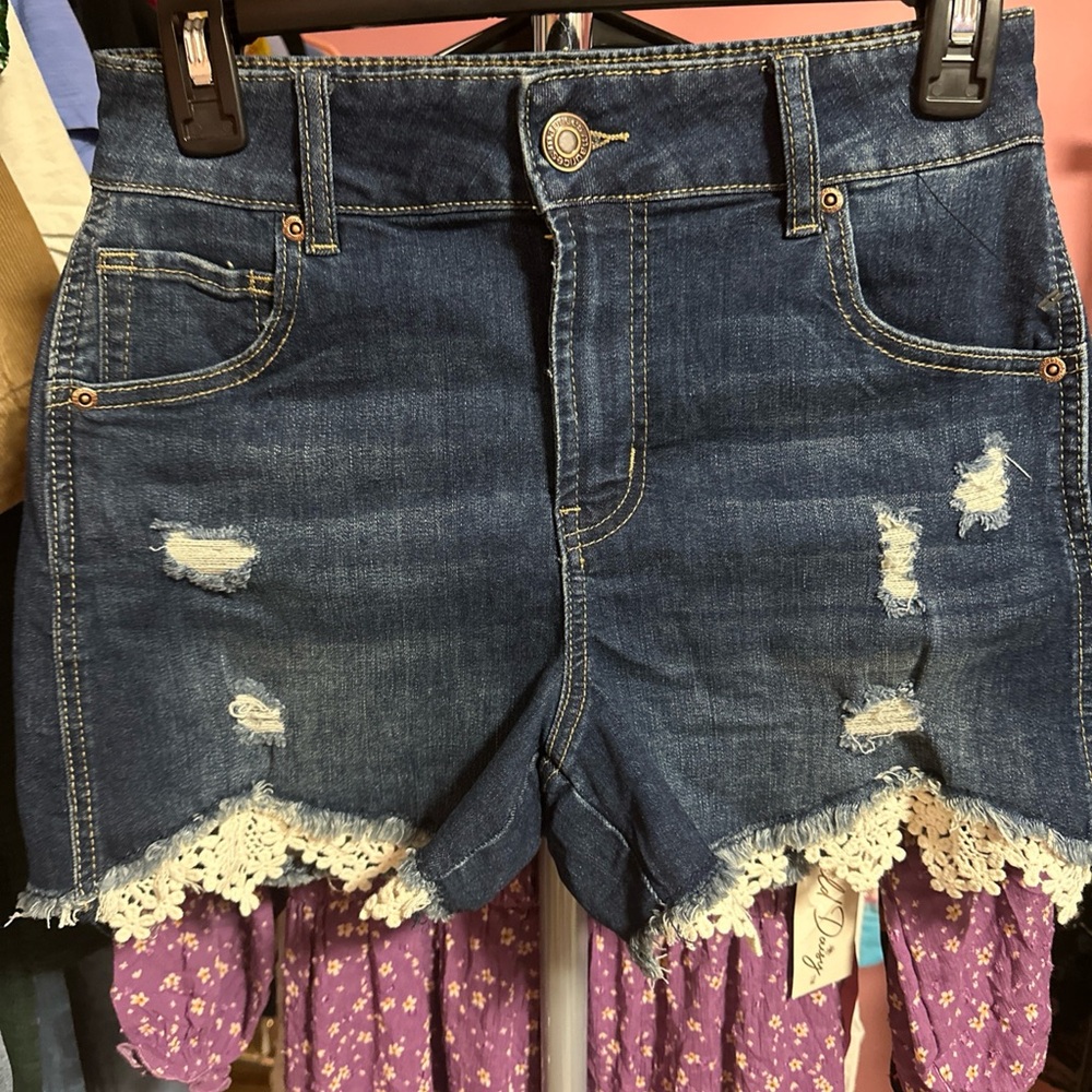Distressed Denim Shorts with Lace Trim